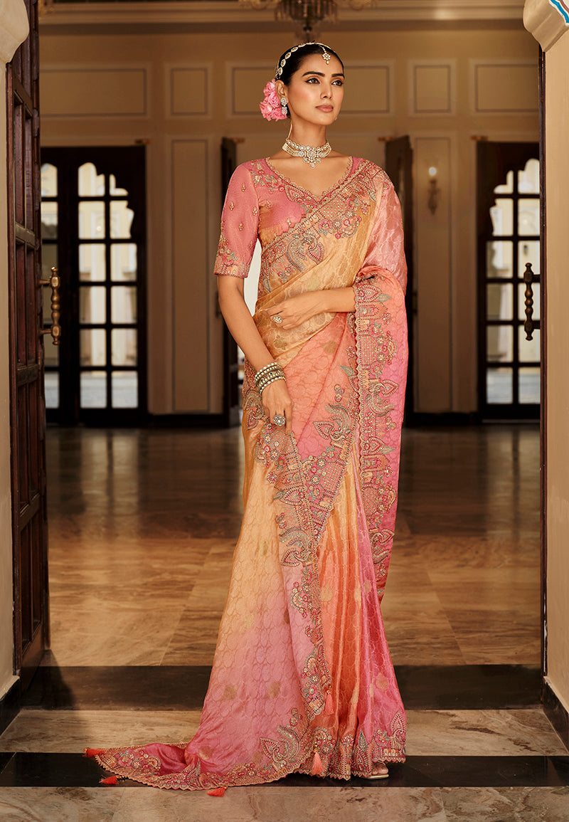 Monjolika Fashion Silk Blend Saree In Peach & Rose Pink With Intricate Meenakari Zari Detailing