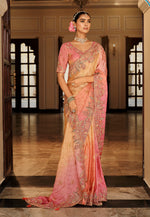 Thumbnail for Monjolika Fashion Silk Blend Saree In Peach & Rose Pink With Intricate Meenakari Zari Detailing