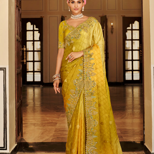 Monjolika Fashion Silk Blend Silk Saree In Mustard Yellow With Rich Meenakari Zari Weaving - Distacart