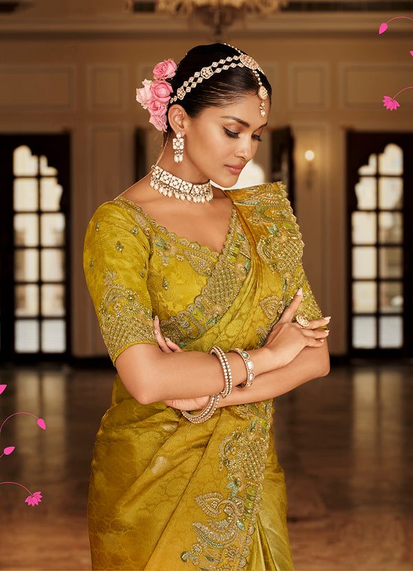 Monjolika Fashion Silk Blend Silk Saree In Mustard Yellow With Rich Meenakari Zari Weaving