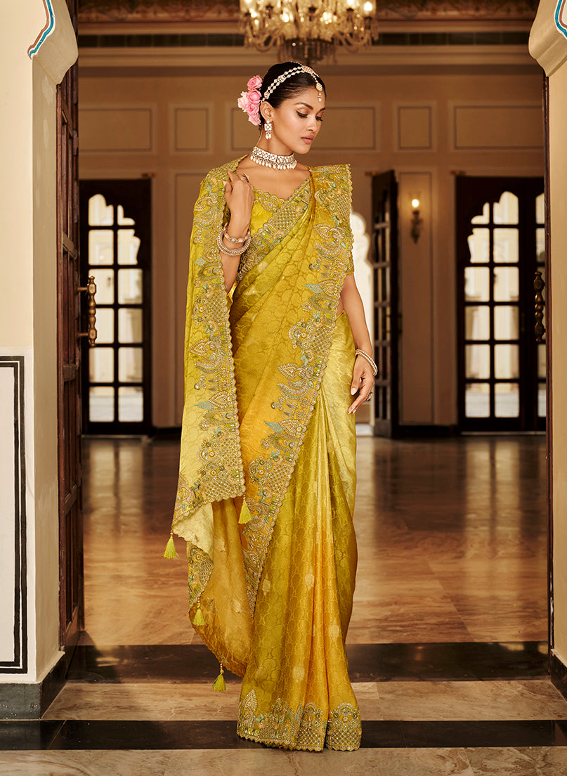 Monjolika Fashion Silk Blend Silk Saree In Mustard Yellow With Rich Meenakari Zari Weaving