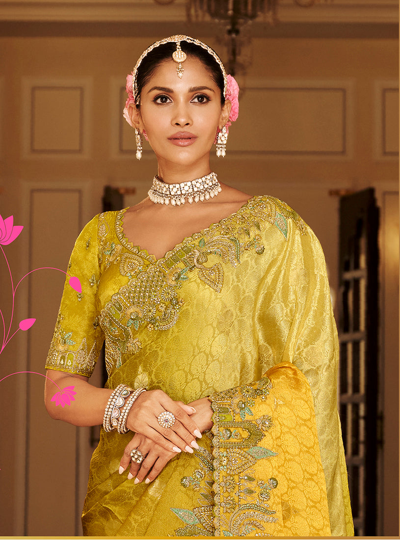 Monjolika Fashion Silk Blend Silk Saree In Mustard Yellow With Rich Meenakari Zari Weaving
