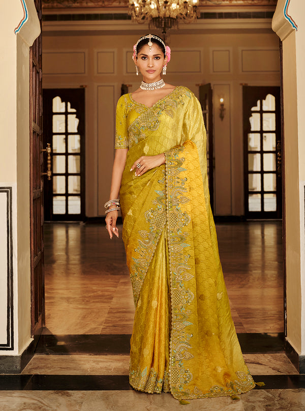 Monjolika Fashion Silk Blend Silk Saree In Mustard Yellow With Rich Meenakari Zari Weaving