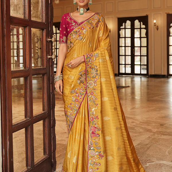 Monjolika Fashion Silk Blend Saree In Amber With Rani Pink Contrast Blouse & Meenakari Zari Weaving - Distacart