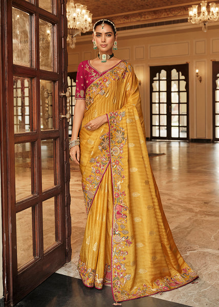 Monjolika Fashion Silk Blend Saree In Amber With Rani Pink Contrast Blouse & Meenakari Zari Weaving