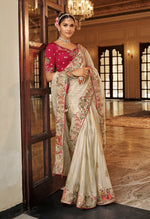 Thumbnail for Monjolika Fashion Silk Blend Saree In Ivory White With Rani Pink Contrast Blouse & Meenakari Zari Borders