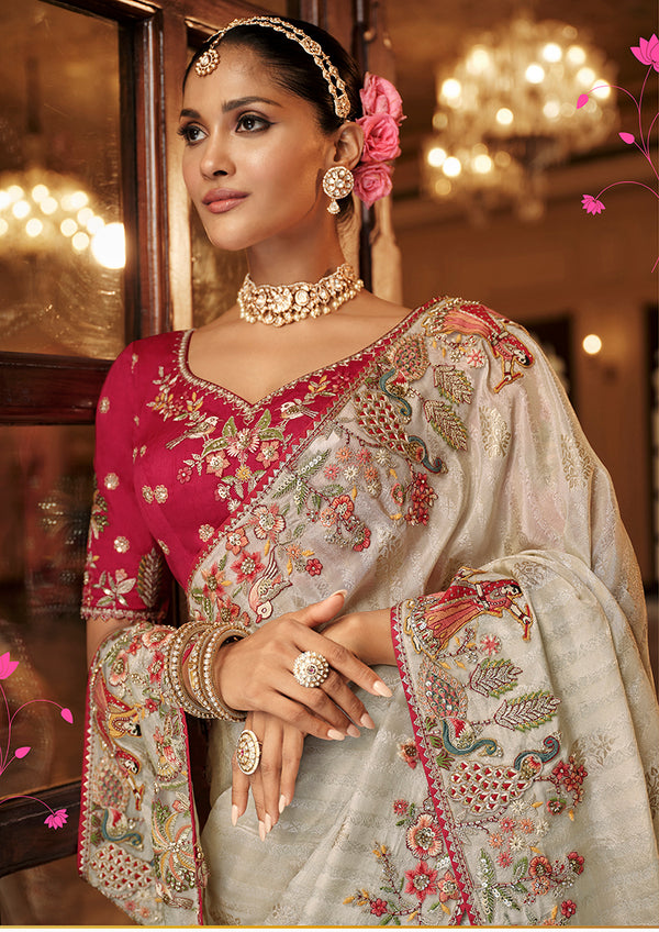 Monjolika Fashion Silk Blend Saree In Ivory White With Rani Pink Contrast Blouse & Meenakari Zari Borders