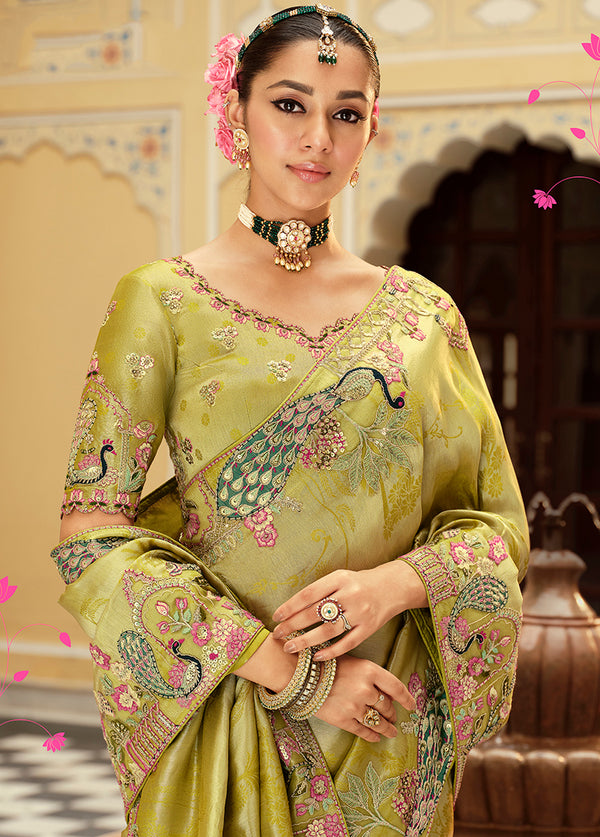 Monjolika Fashion Silk Blend Silk Saree In Light Green With Rich Meenakari Zari Weaving