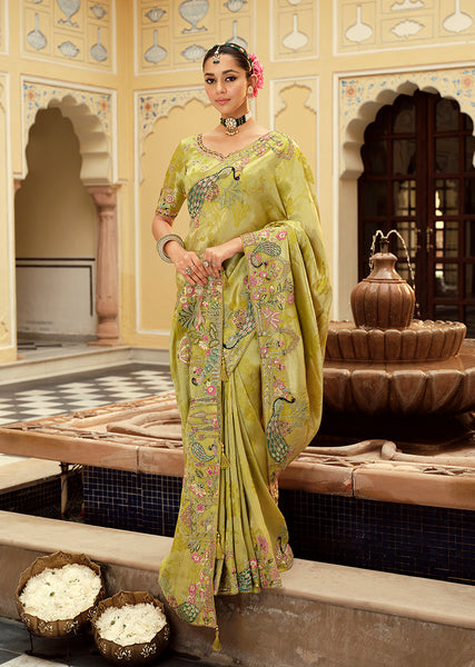 Monjolika Fashion Silk Blend Silk Saree In Light Green With Rich Meenakari Zari Weaving