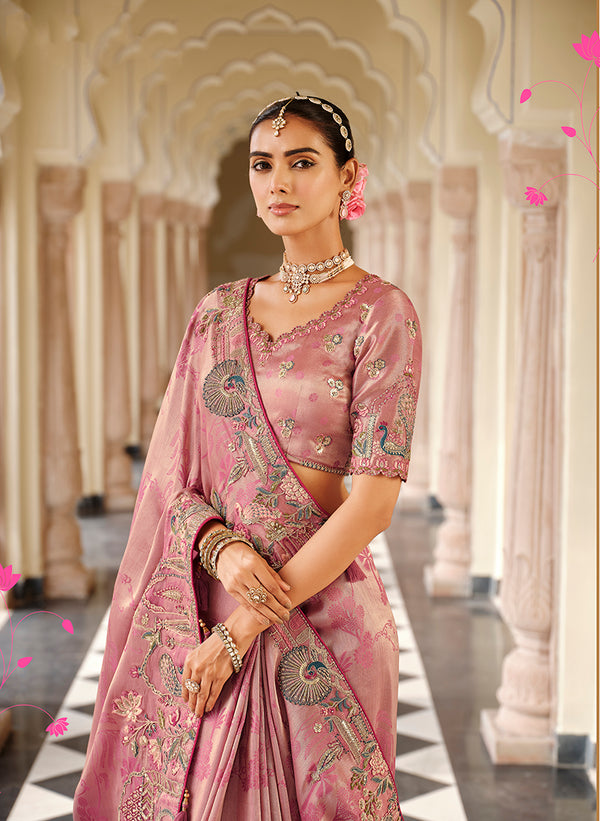 Monjolika Fashion Silk Blend Silk Saree In Light Pink With Rich Meenakari Zari Weaving