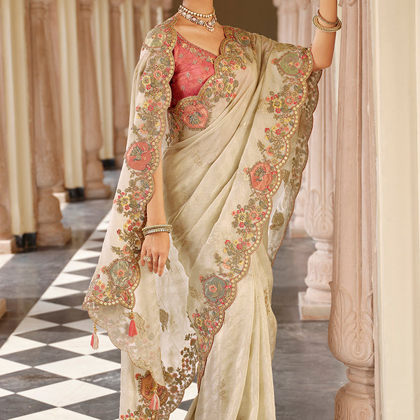 Monjolika Fashion Silk Blend Silk Saree In Off White With Rich Meenakari Zari Weaving - Distacart