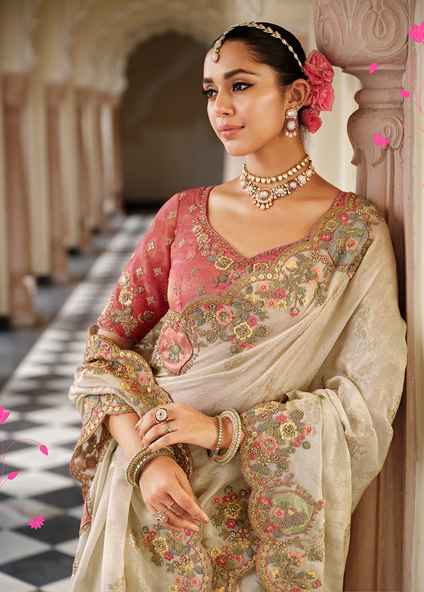 Monjolika Fashion Silk Blend Silk Saree In Off White With Rich Meenakari Zari Weaving