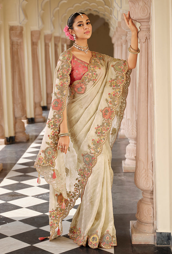 Monjolika Fashion Silk Blend Silk Saree In Off White With Rich Meenakari Zari Weaving