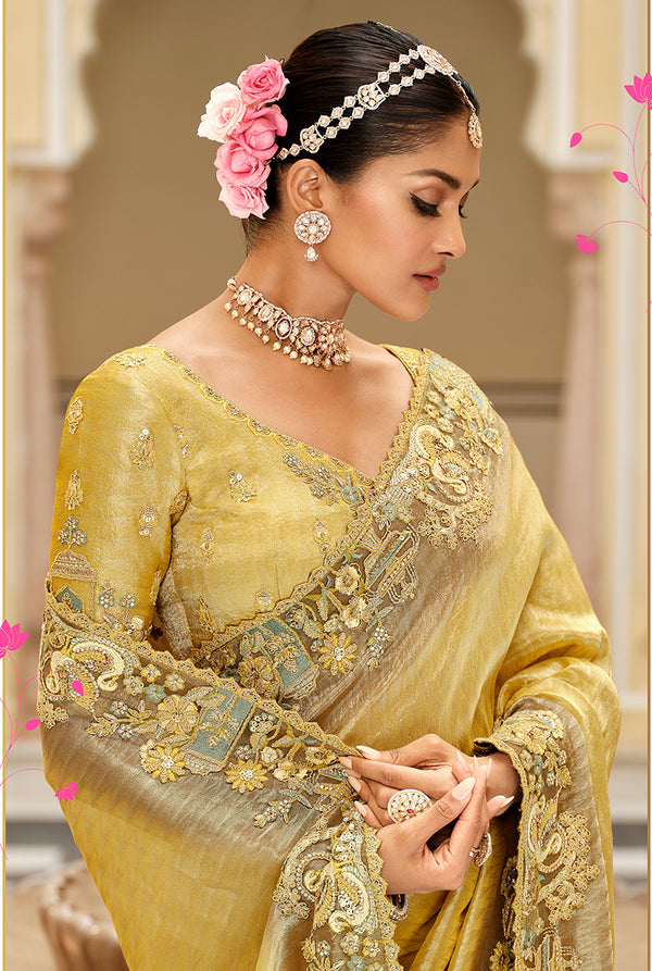 Monjolika Fashion Silk Blend Silk Saree In Light Yellow With Rich Meenakari Zari Weaving