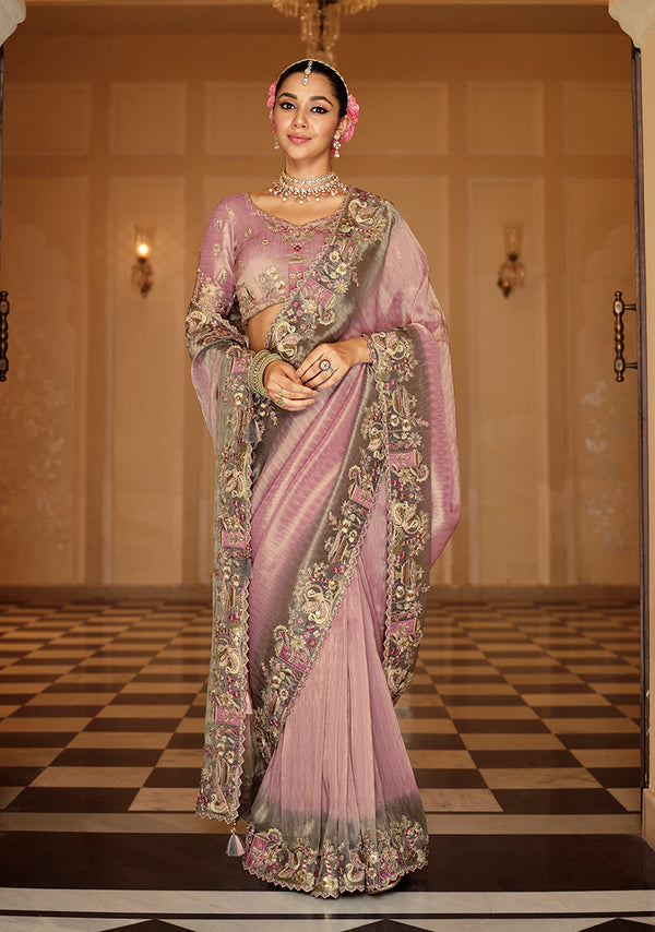 Monjolika Fashion Silk Blend Silk Saree In Onion Pink With Rich Meenakari Zari Weaving
