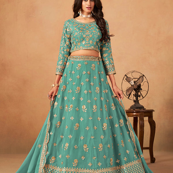 Monjolika Fashion Embroidered Turquoise Organza Trendy Lehenga Choli - Distacart