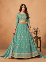 Thumbnail for Monjolika Fashion Embroidered Turquoise Organza Trendy Lehenga Choli - Distacart