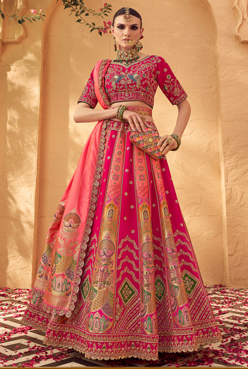 Monjolika Fashion Rani Pink Banarasi Silk Wedding Wear Lehenga With Embroidery Work