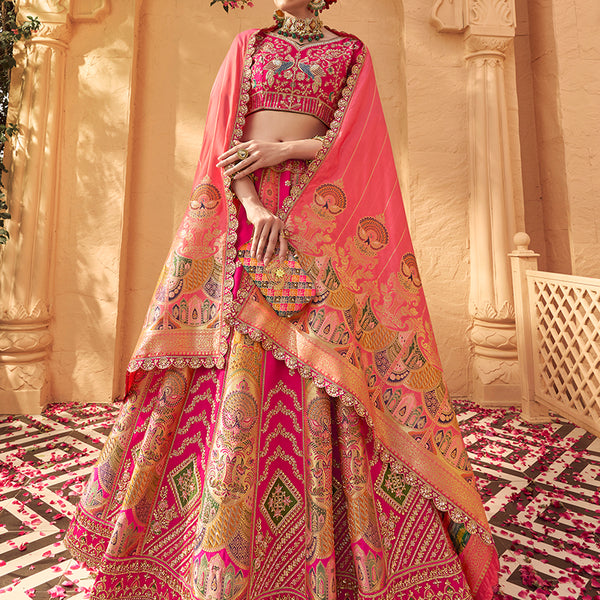 Monjolika Fashion Rani Pink Banarasi Silk Wedding Wear Lehenga With Embroidery Work - Distacart