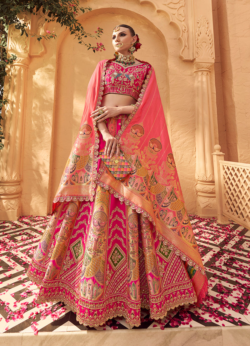 Monjolika Fashion Rani Pink Banarasi Silk Wedding Wear Lehenga With Embroidery Work