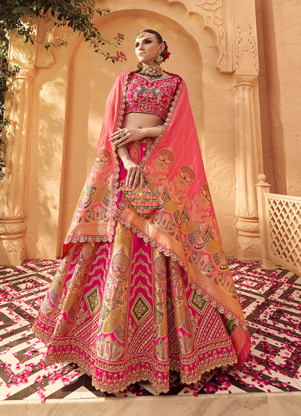 Monjolika Fashion Rani Pink Banarasi Silk Wedding Wear Lehenga With Embroidery Work