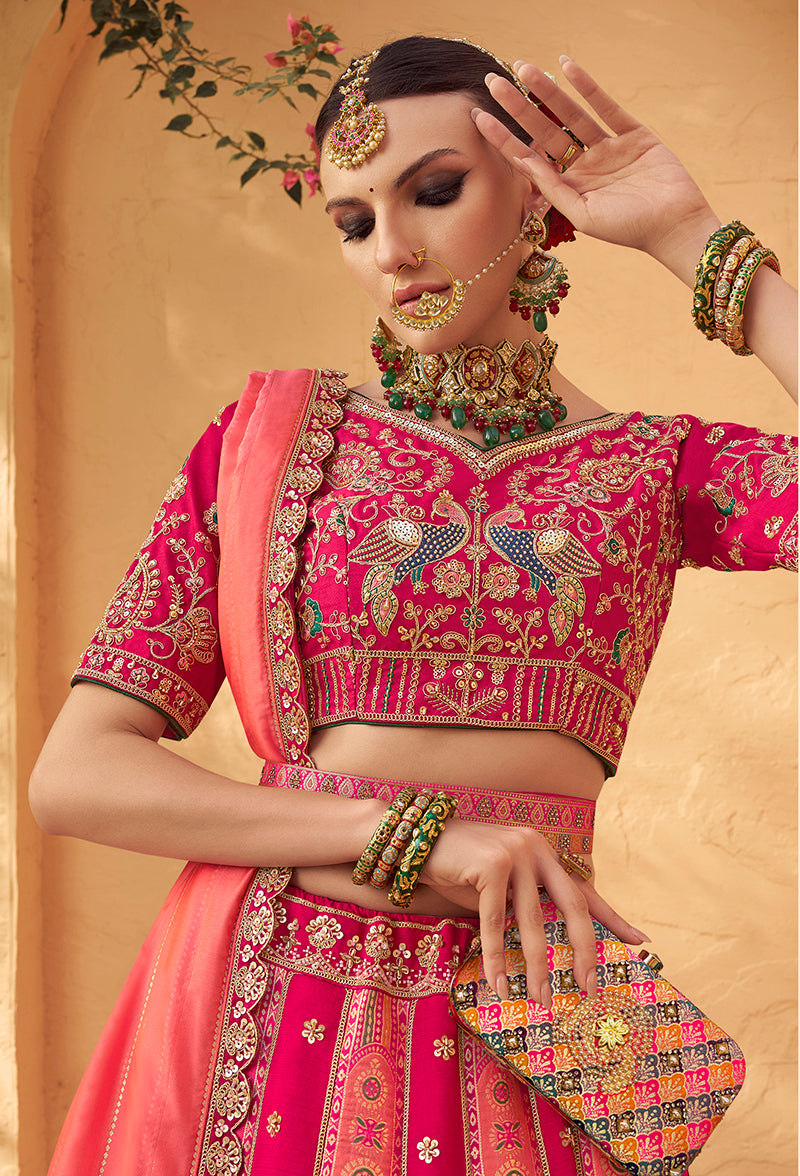Monjolika Fashion Rani Pink Banarasi Silk Wedding Wear Lehenga With Embroidery Work