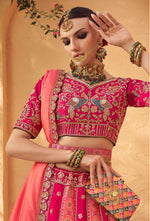 Thumbnail for Monjolika Fashion Rani Pink Banarasi Silk Wedding Wear Lehenga With Embroidery Work