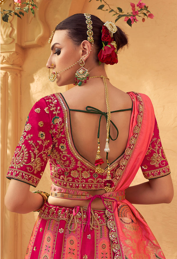 Monjolika Fashion Rani Pink Banarasi Silk Wedding Wear Lehenga With Embroidery Work