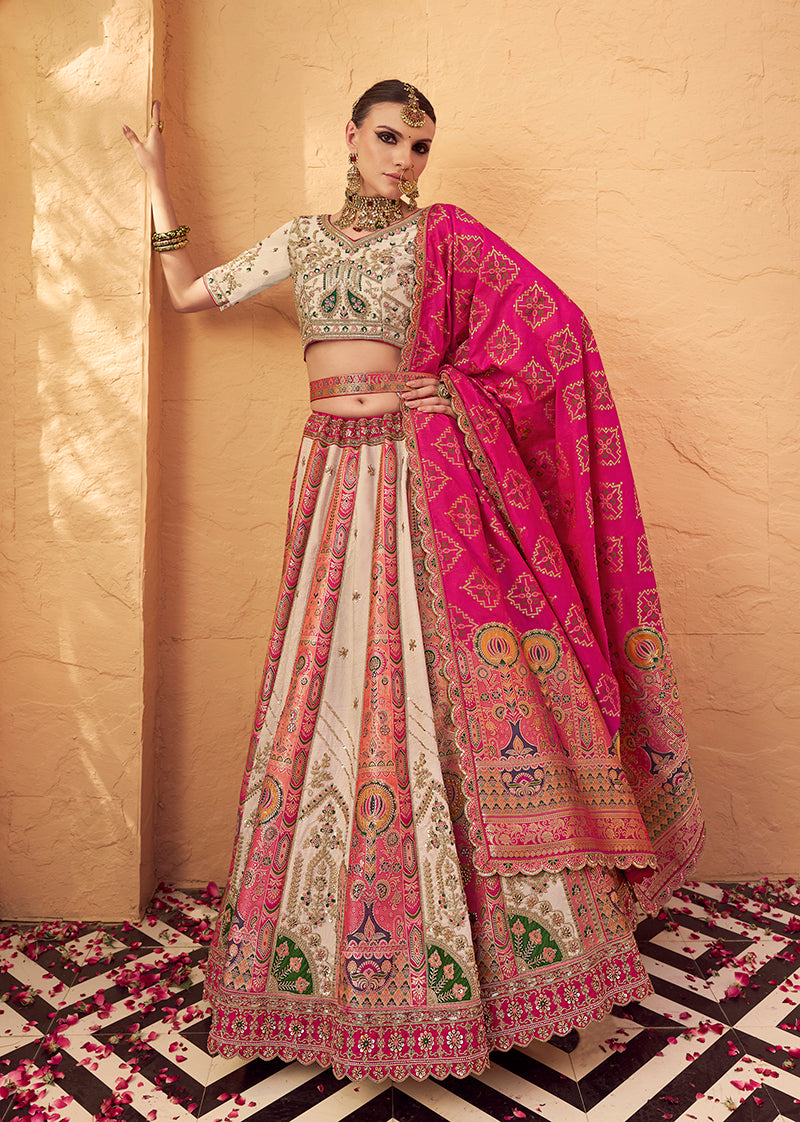 Monjolika Fashion Multicolor Banarasi Silk Wedding Wear Lehenga With Embroidery Work