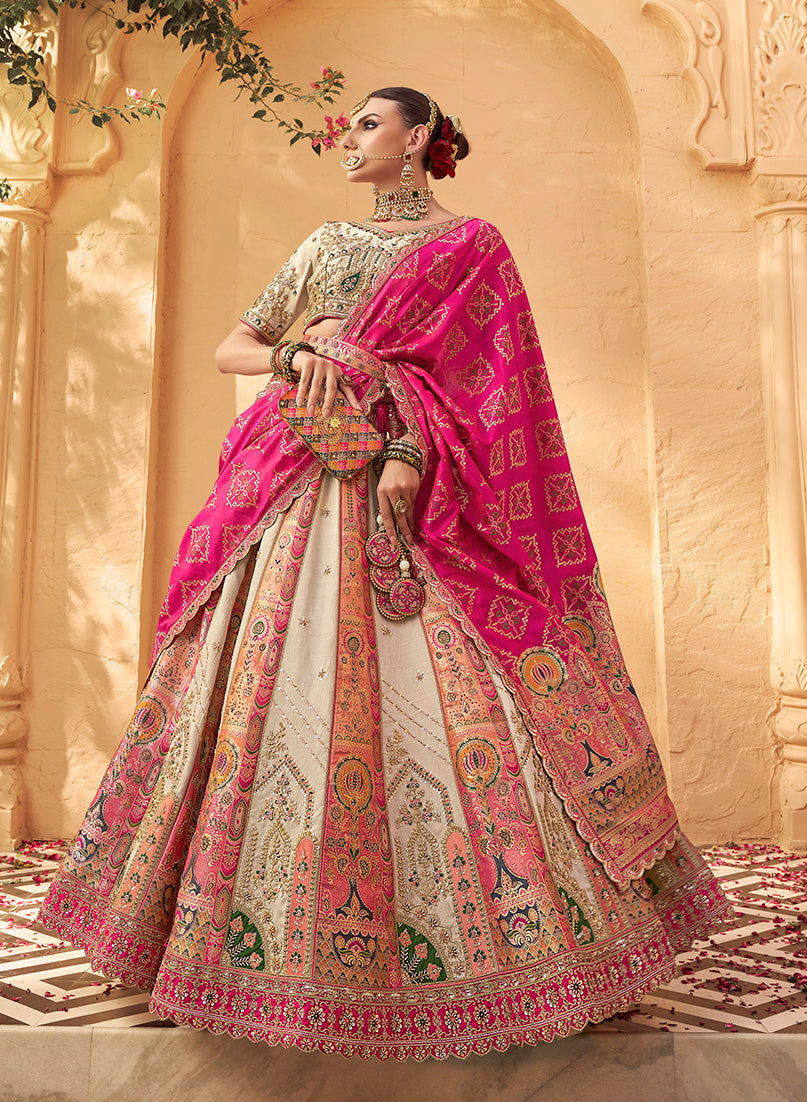Monjolika Fashion Multicolor Banarasi Silk Wedding Wear Lehenga With Embroidery Work