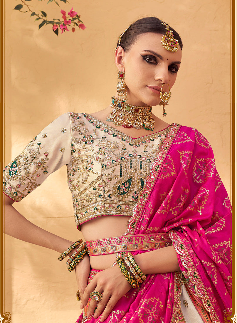 Monjolika Fashion Multicolor Banarasi Silk Wedding Wear Lehenga With Embroidery Work