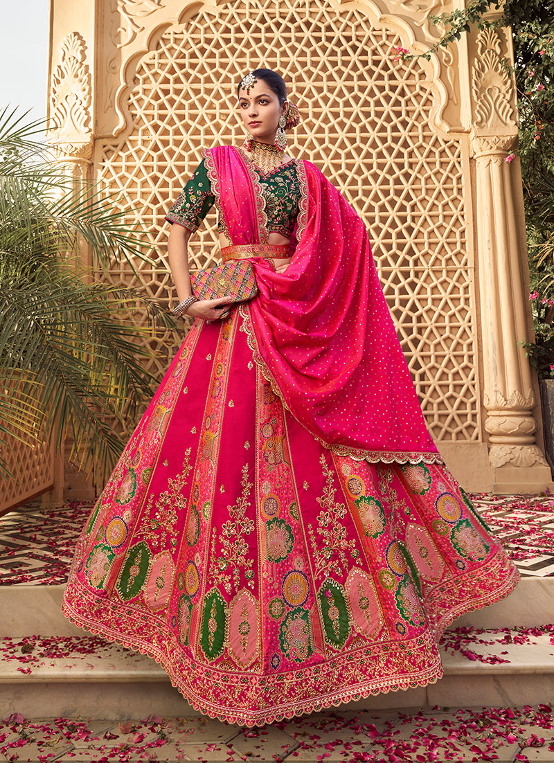 Monjolika Fashion Hot Pink Banarasi Silk Wedding Wear Lehenga With Embroidery Work