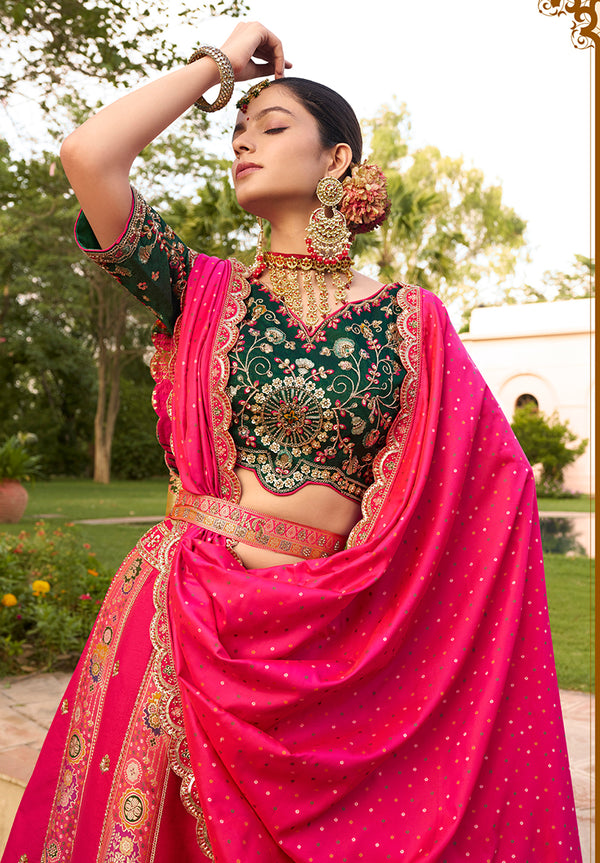 Monjolika Fashion Hot Pink Banarasi Silk Wedding Wear Lehenga With Embroidery Work