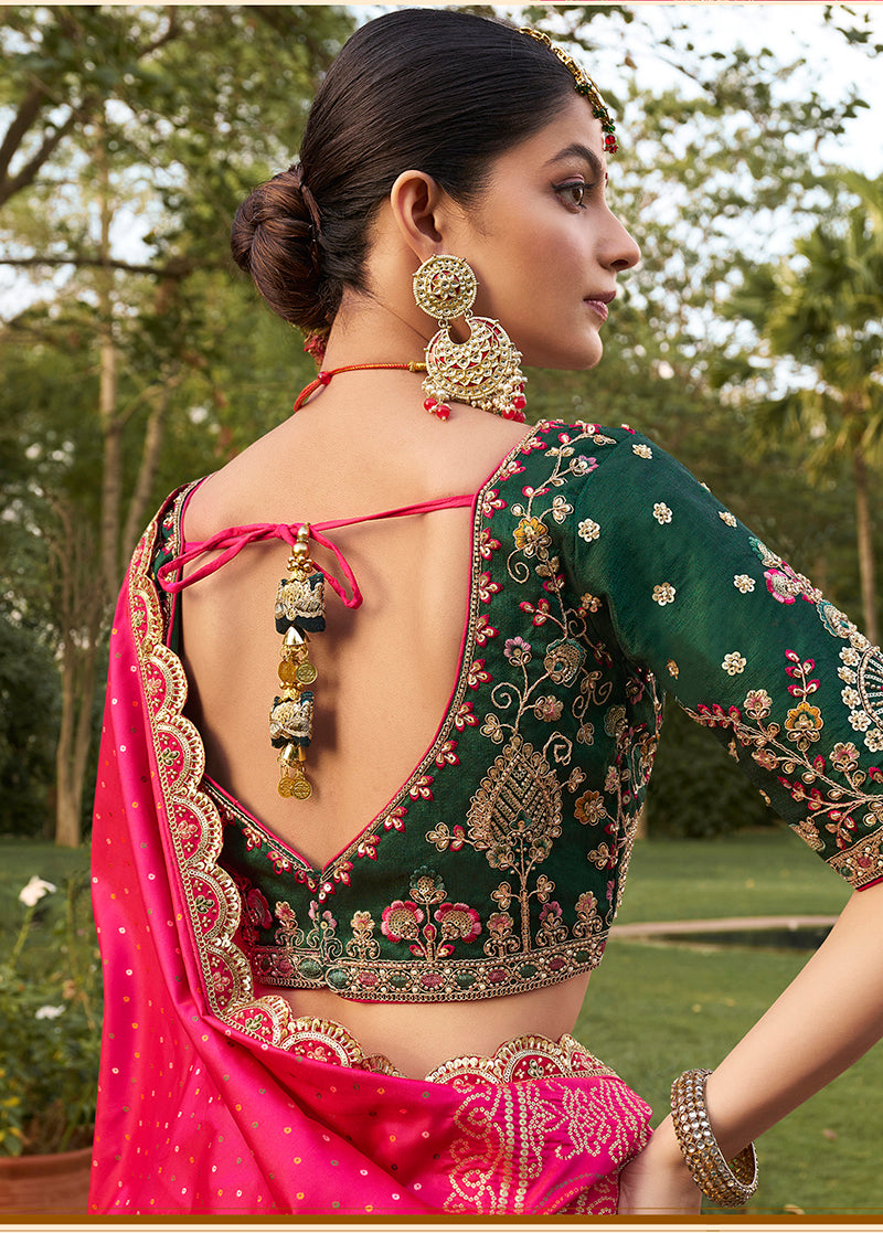 Monjolika Fashion Hot Pink Banarasi Silk Wedding Wear Lehenga With Embroidery Work