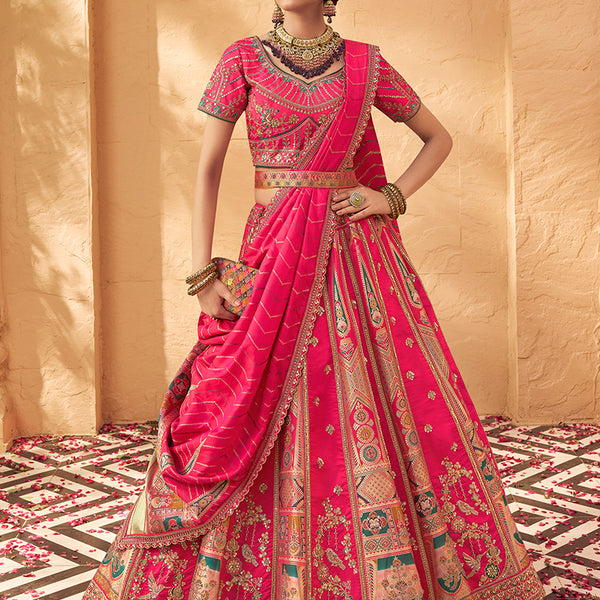 Monjolika Fashion Hot Pink & Peach Banarasi Silk Wedding Wear Lehenga With Embroidery Work - Distacart