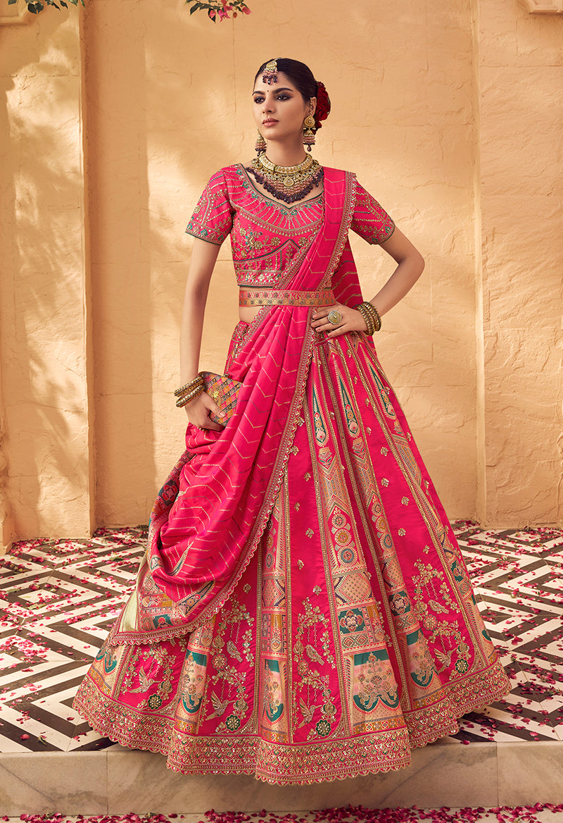 Monjolika Fashion Hot Pink & Peach Banarasi Silk Wedding Wear Lehenga With Embroidery Work