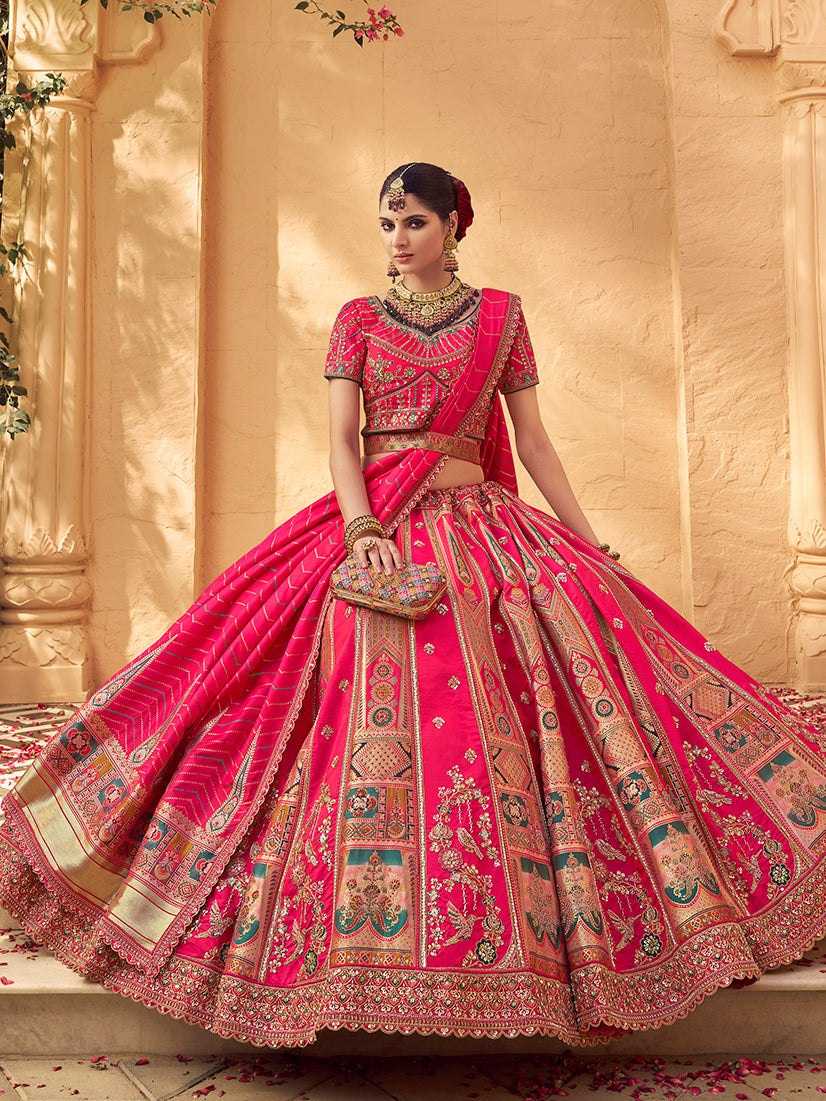 Monjolika Fashion Hot Pink & Peach Banarasi Silk Wedding Wear Lehenga With Embroidery Work