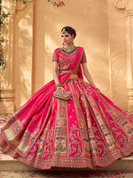Thumbnail for Monjolika Fashion Hot Pink & Peach Banarasi Silk Wedding Wear Lehenga With Embroidery Work