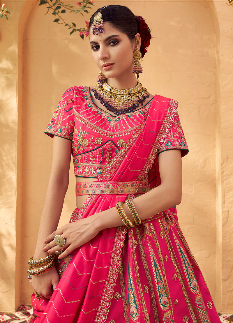 Monjolika Fashion Hot Pink & Peach Banarasi Silk Wedding Wear Lehenga With Embroidery Work