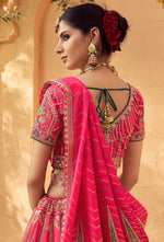 Thumbnail for Monjolika Fashion Hot Pink & Peach Banarasi Silk Wedding Wear Lehenga With Embroidery Work