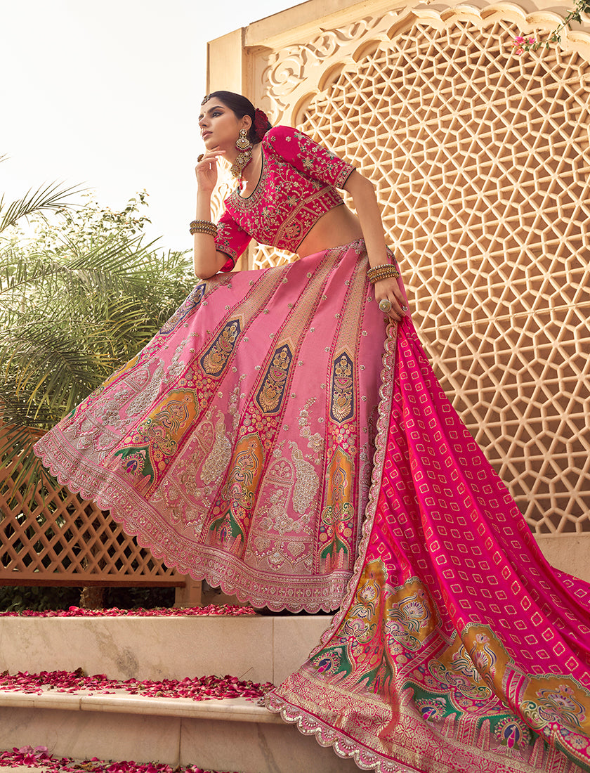 Monjolika Fashion Onion Pink Banarasi Silk Wedding Wear Lehenga With Embroidery Work