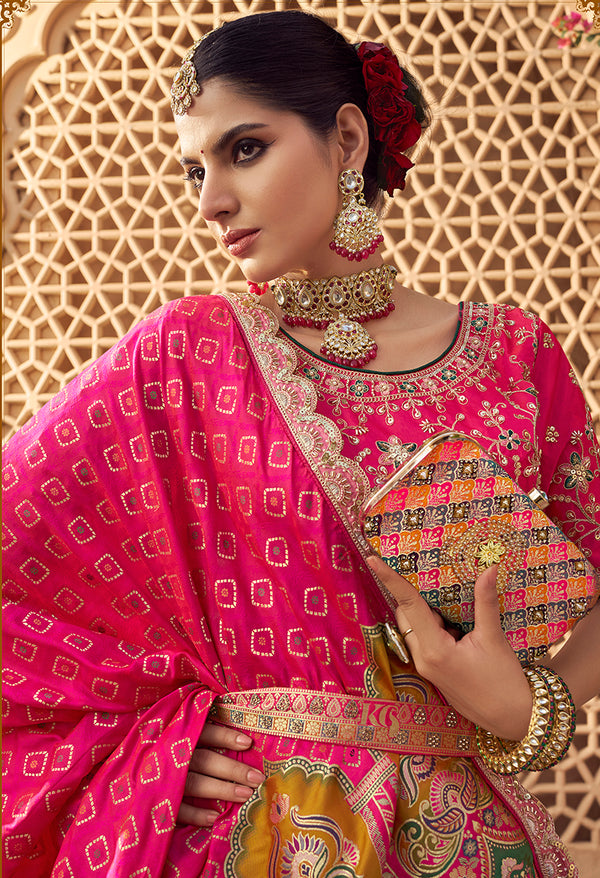 Monjolika Fashion Onion Pink Banarasi Silk Wedding Wear Lehenga With Embroidery Work