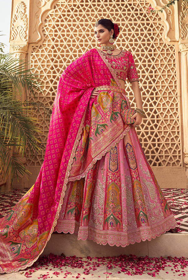 Monjolika Fashion Onion Pink Banarasi Silk Wedding Wear Lehenga With Embroidery Work