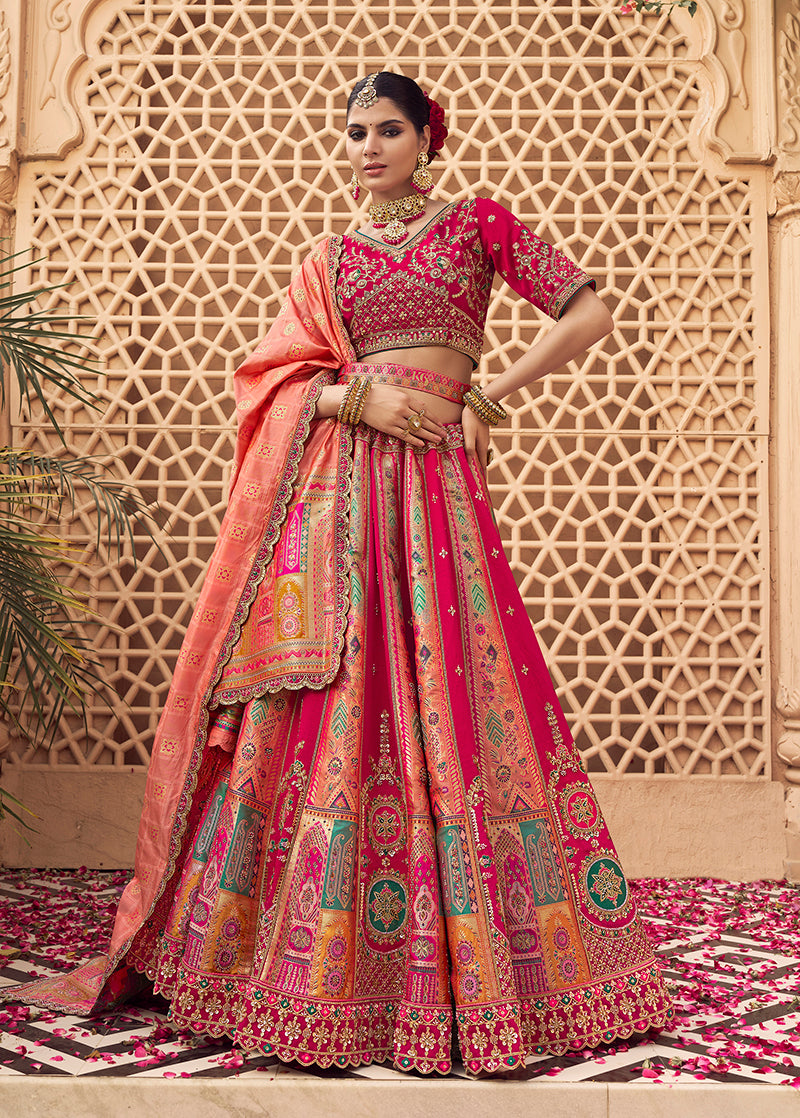 Monjolika Fashion Rani Pink & Peach Banarasi Silk Wedding Wear Lehenga With Embroidery Work
