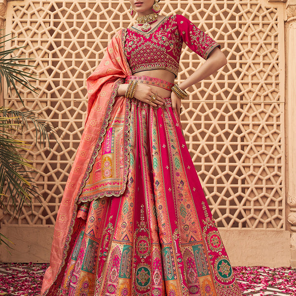 Monjolika Fashion Rani Pink & Peach Banarasi Silk Wedding Wear Lehenga With Embroidery Work - Distacart