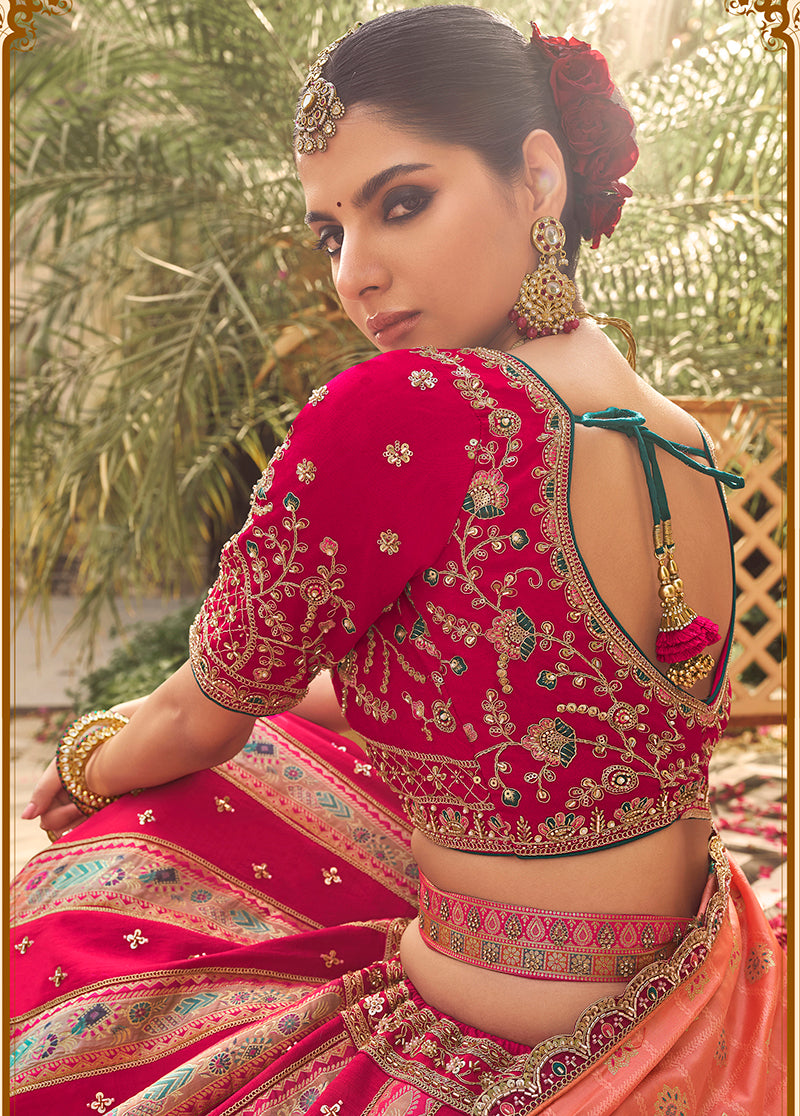 Monjolika Fashion Rani Pink & Peach Banarasi Silk Wedding Wear Lehenga With Embroidery Work
