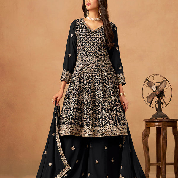 Monjolika Fashion Black Embroidered Faux Georgette Trendy Palazzo Salwar Kameez - Distacart