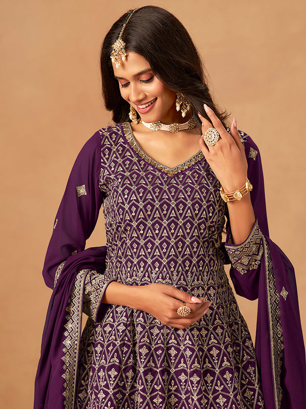 Monjolika Fashion Purple Embroidered Faux Georgette Trendy Palazzo Salwar Kameez