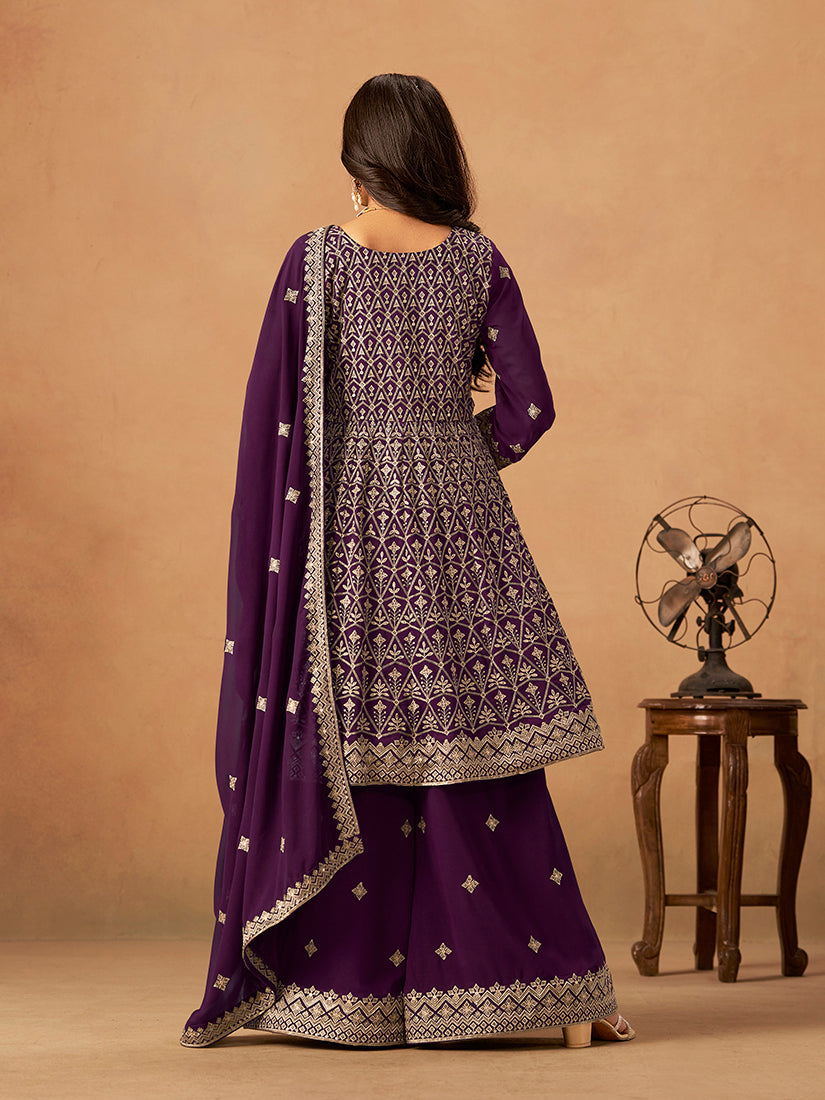 Monjolika Fashion Purple Embroidered Faux Georgette Trendy Palazzo Salwar Kameez