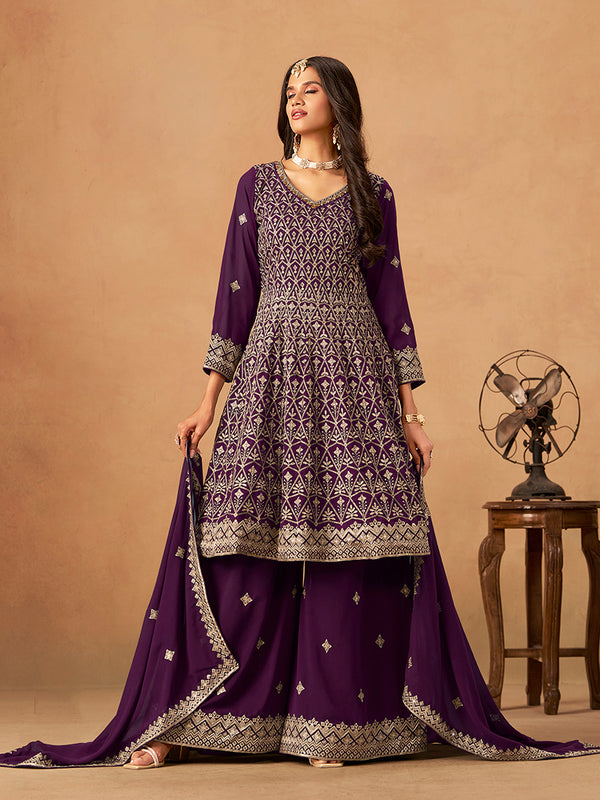 Monjolika Fashion Purple Embroidered Faux Georgette Trendy Palazzo Salwar Kameez
